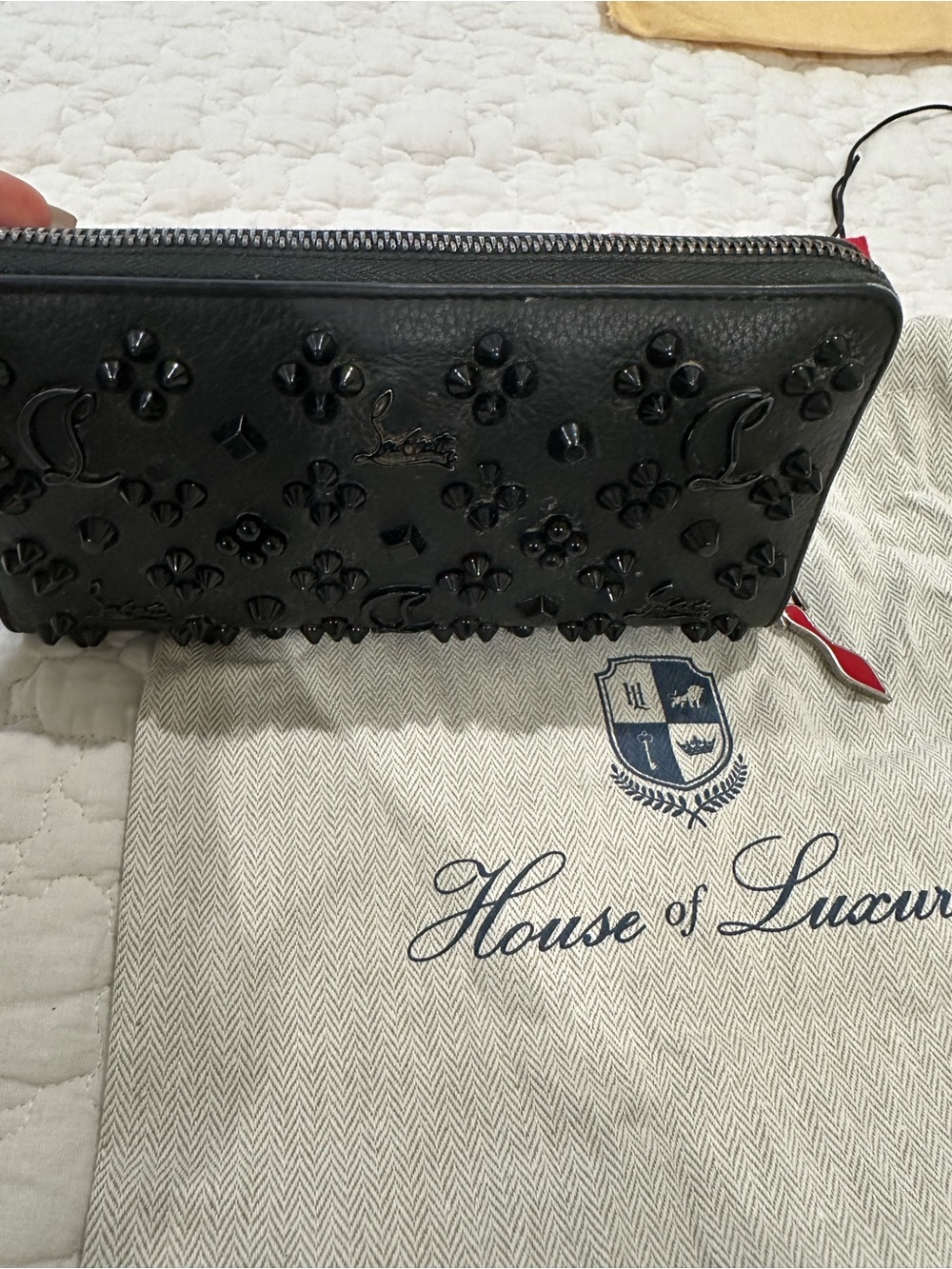 Christian Louboutin Black Studded Leather Zip-Around Wallet with Red Pull